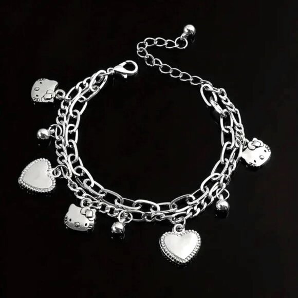 Hello Kitty Charm Bracelet Rhinestone Hearts Double Chain Emo Beads Trendy Rave - Picture 3 of 3